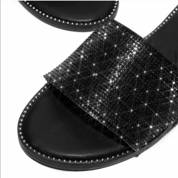 Black Rhinestone Band Slip On Flip Flop Sandals - Picture 5 of 9